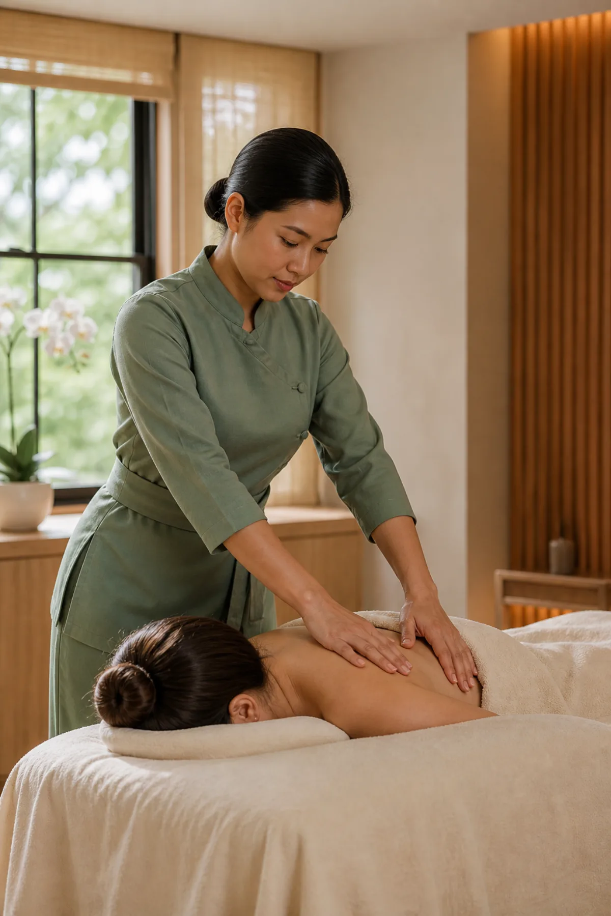 Thai massage therapist treating a client's shoulders in a professional spa